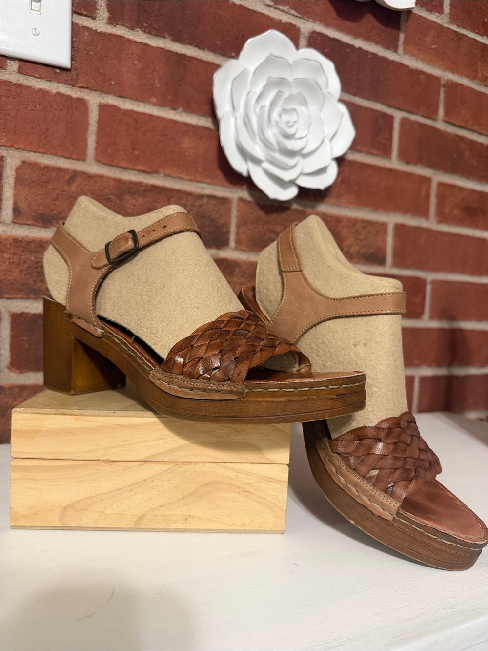 White Mountain Woven Leather Block Heel Sandals - Brown